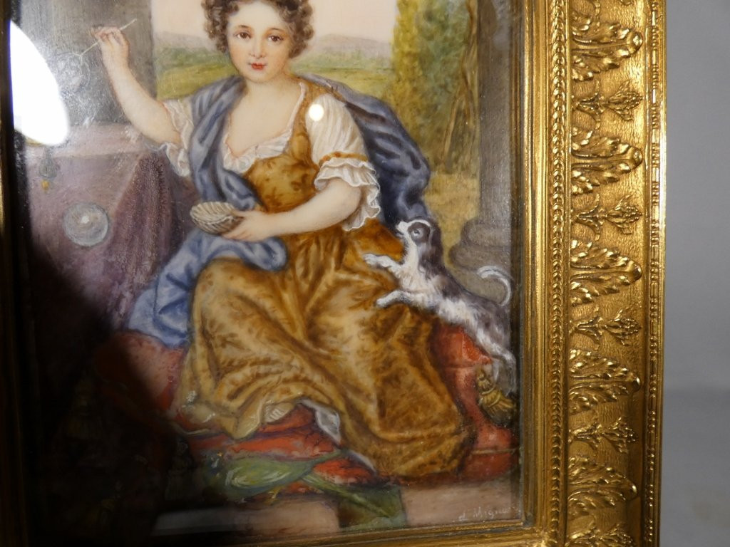 The Girl With Soap Bubbles After Mignard, Miniature Gouache Painting, 19th Century-photo-4