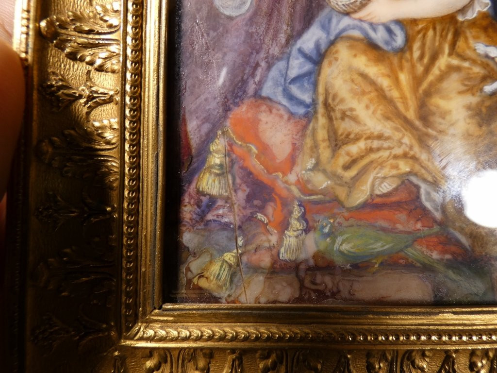 The Girl With Soap Bubbles After Mignard, Miniature Gouache Painting, 19th Century-photo-5