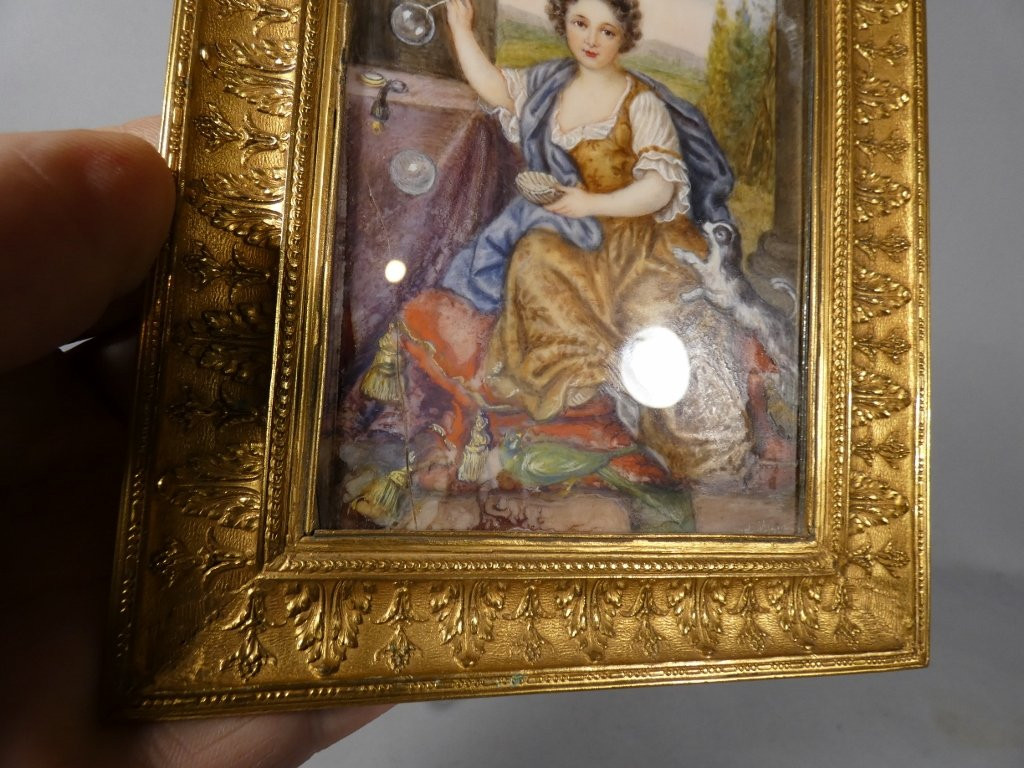 The Girl With Soap Bubbles After Mignard, Miniature Gouache Painting, 19th Century-photo-8