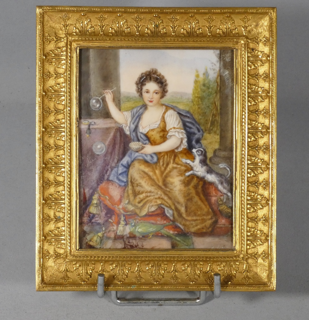 The Girl With Soap Bubbles After Mignard, Miniature Gouache Painting, 19th Century