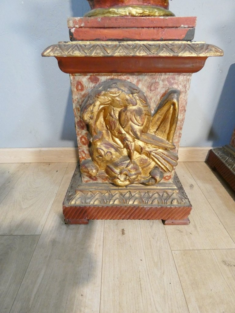 Paire de colonnes aux angelots et vigne en bois sculpté polychrome époque XVII ème siècle-photo-5