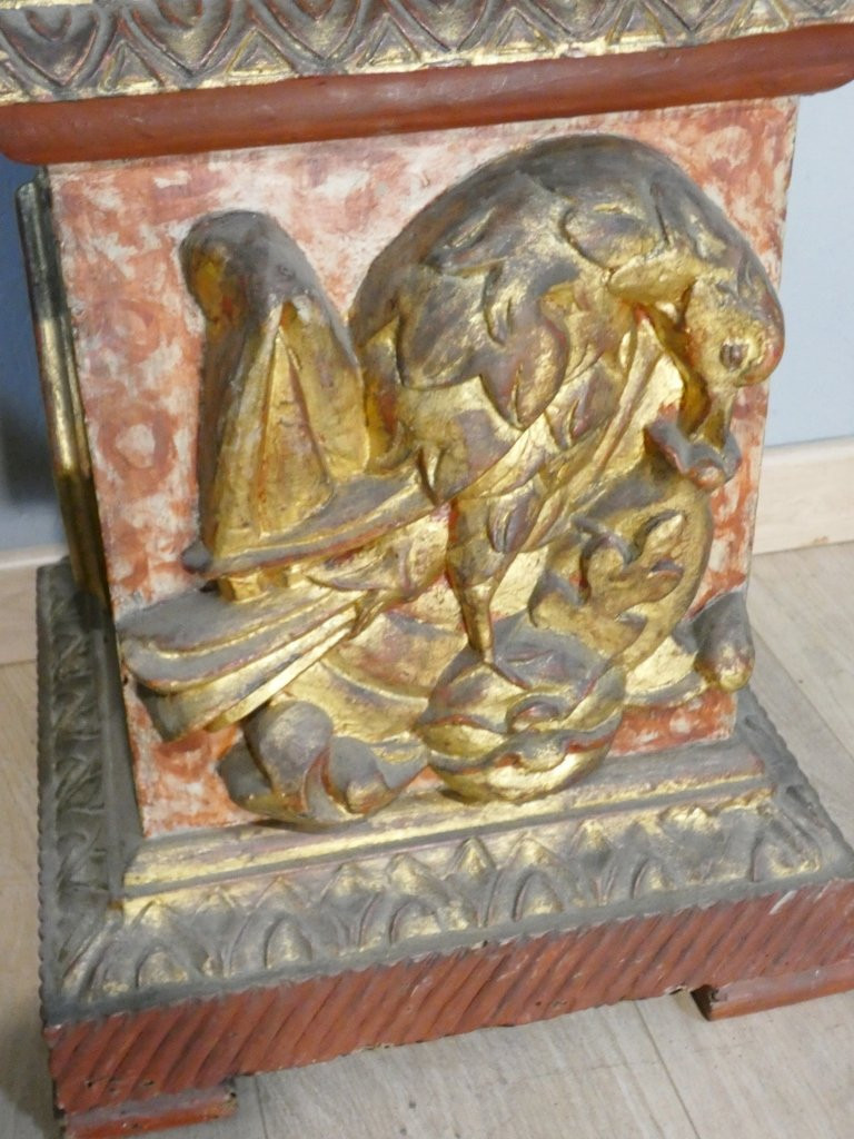 Paire de colonnes aux angelots et vigne en bois sculpté polychrome époque XVII ème siècle-photo-6