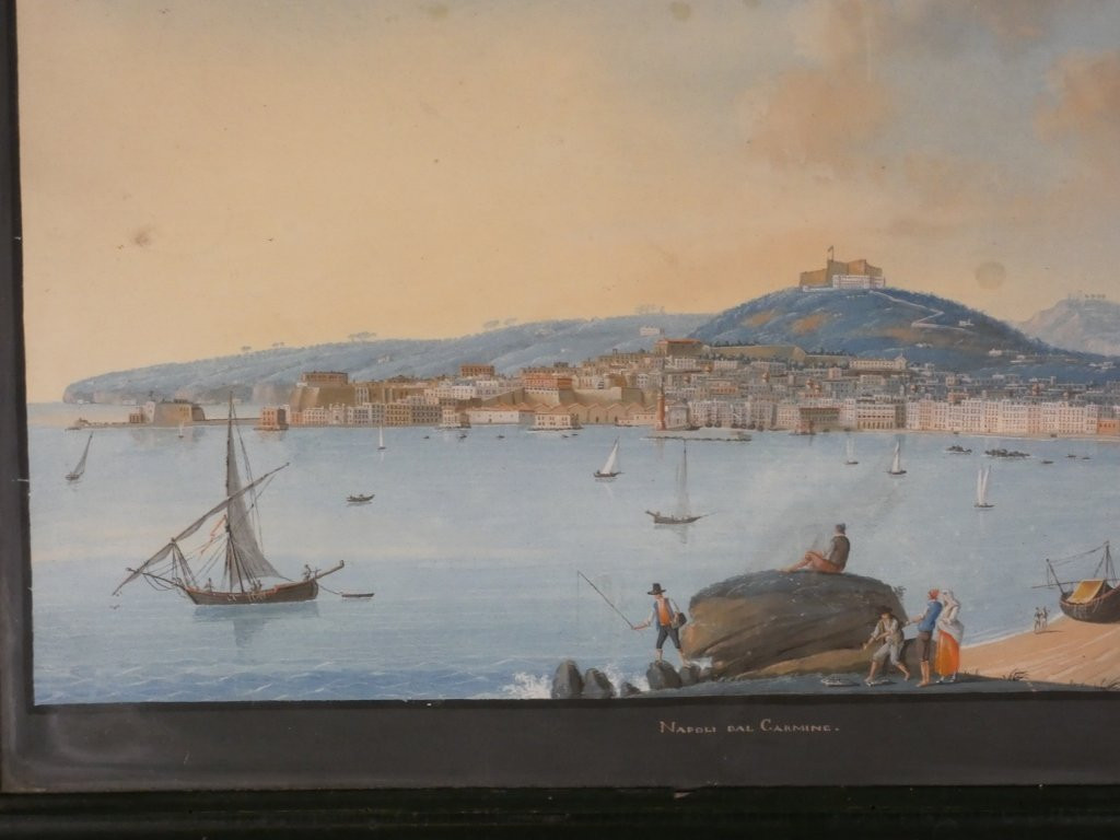 Gouache napolitaine, Napoli dal Carmine, vue de la baie de Naples, &eacute;poque XIX &egrave;me si&egrave;cle-photo-2