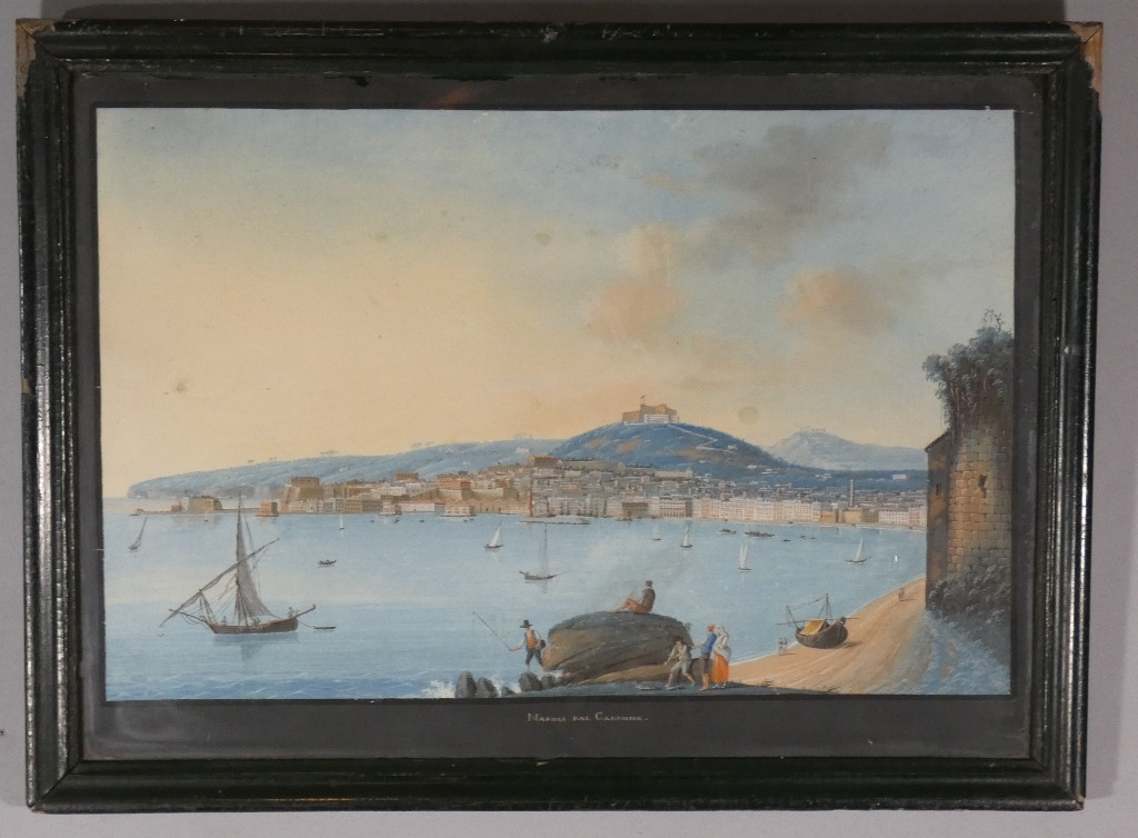 Gouache napolitaine, Napoli dal Carmine, vue de la baie de Naples, &eacute;poque XIX &egrave;me si&egrave;cle