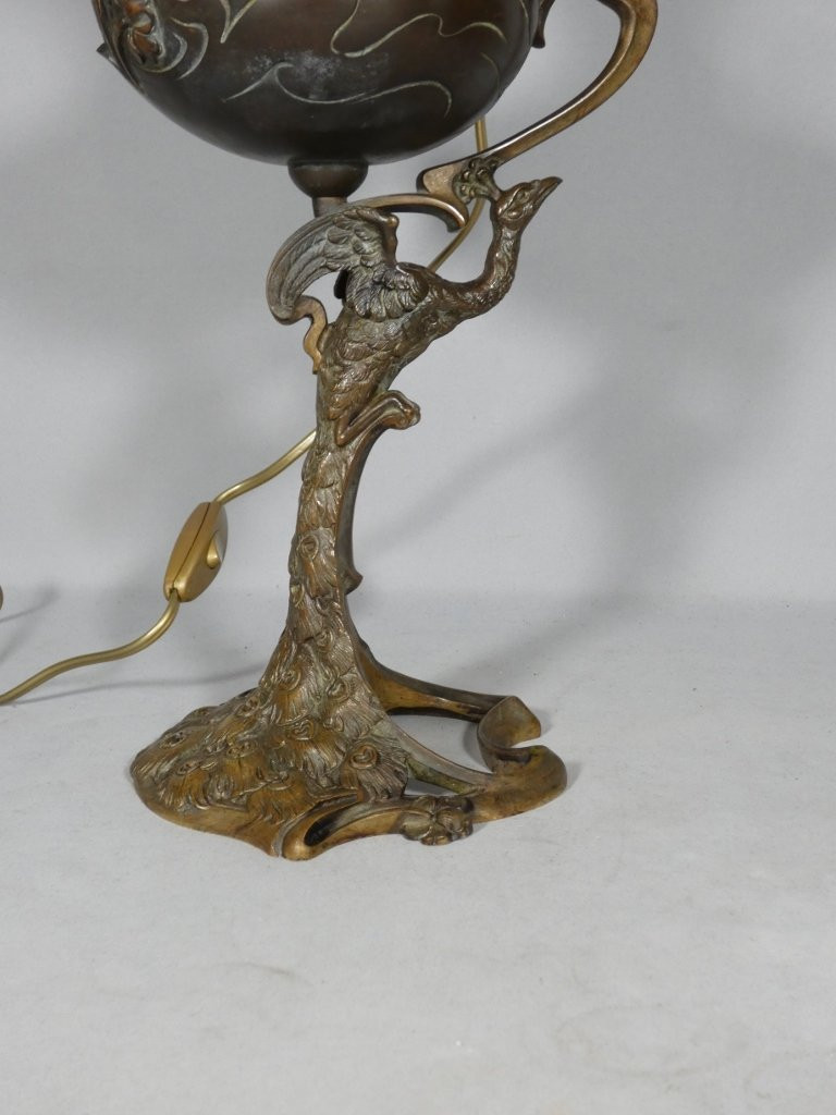 The Peacock, A Patinated Bronze Lamp From The Art Nouveau Period, Circa 1900-photo-2