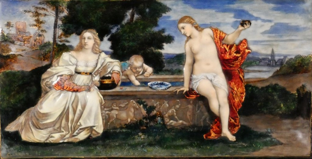 Étienne Marie Alfred Garnier, émail d'après Le Titien, Amour Sacré Amour Profane, époque XIX è-photo-2