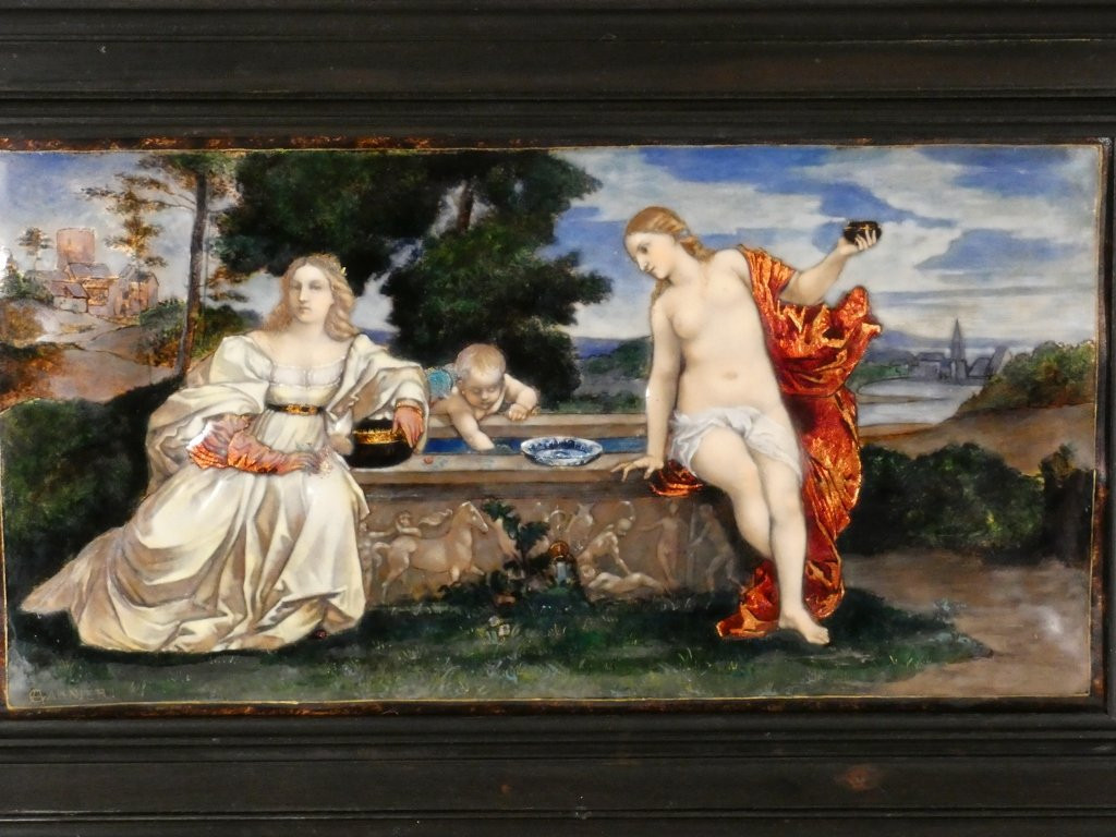 Étienne Marie Alfred Garnier, émail d'après Le Titien, Amour Sacré Amour Profane, époque XIX è-photo-3