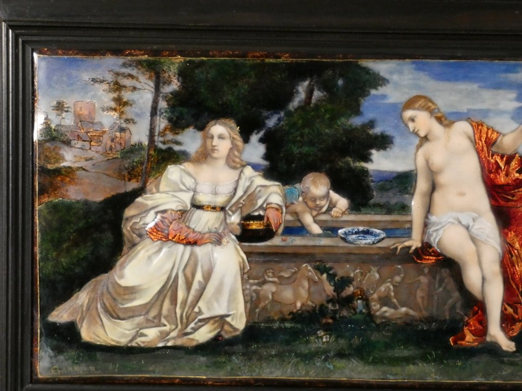 Étienne Marie Alfred Garnier, émail d'après Le Titien, Amour Sacré Amour Profane, époque XIX è-photo-4