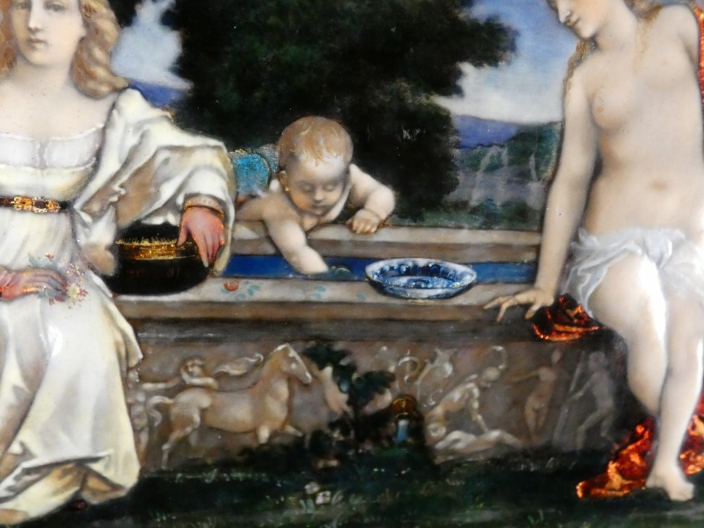 Étienne Marie Alfred Garnier, émail d'après Le Titien, Amour Sacré Amour Profane, époque XIX è-photo-1