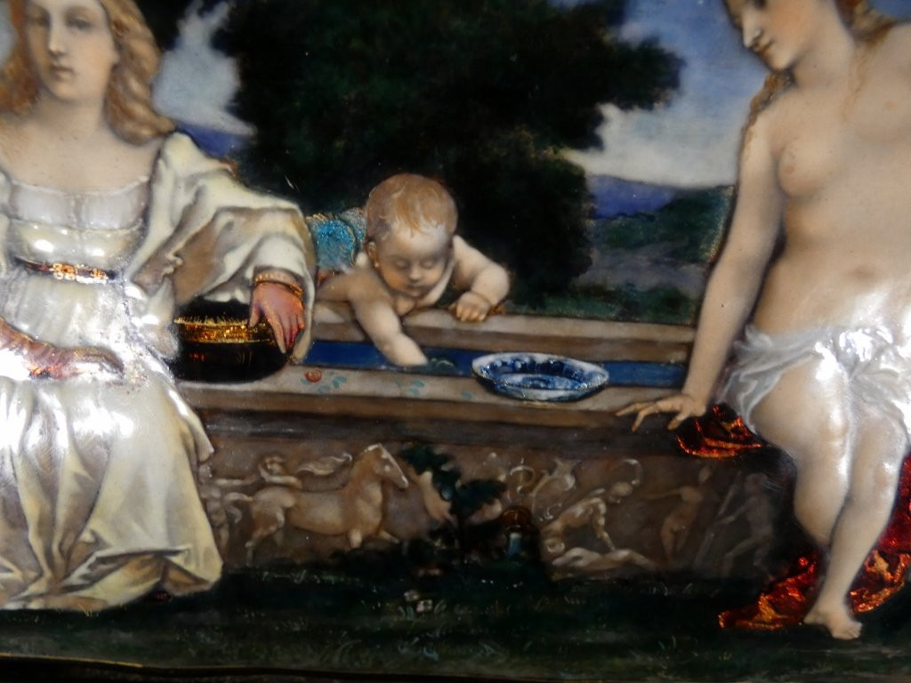 Étienne Marie Alfred Garnier, émail d'après Le Titien, Amour Sacré Amour Profane, époque XIX è-photo-6