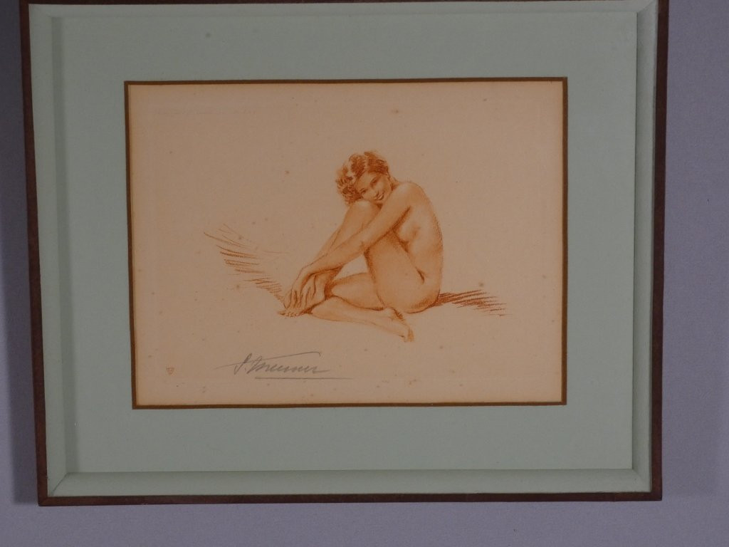 Simone Meunier (1890-1937), Pair Of Sanguine Engravings, Women, Art Deco Pin-up, 1930-photo-2