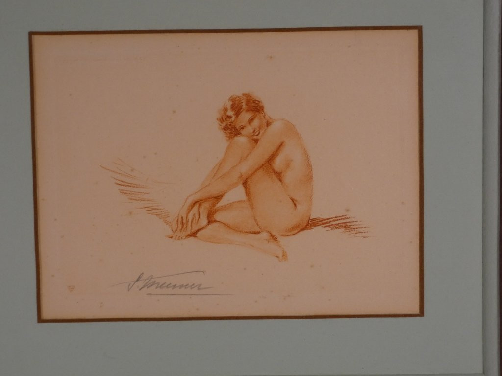 Simone Meunier (1890-1937), Pair Of Sanguine Engravings, Women, Art Deco Pin-up, 1930-photo-1