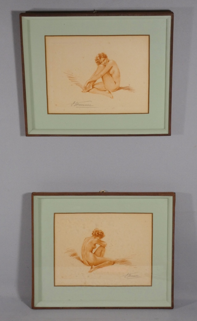Simone Meunier (1890-1937), Pair Of Sanguine Engravings, Women, Art Deco Pin-up, 1930