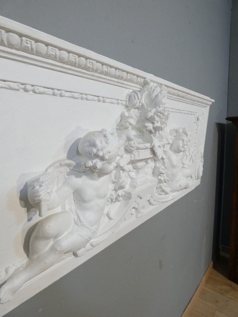 Headboard, Top Of The Door With Cherubs In Wood And Stucco, Napoleon III Period, Wood Paneling-photo-1