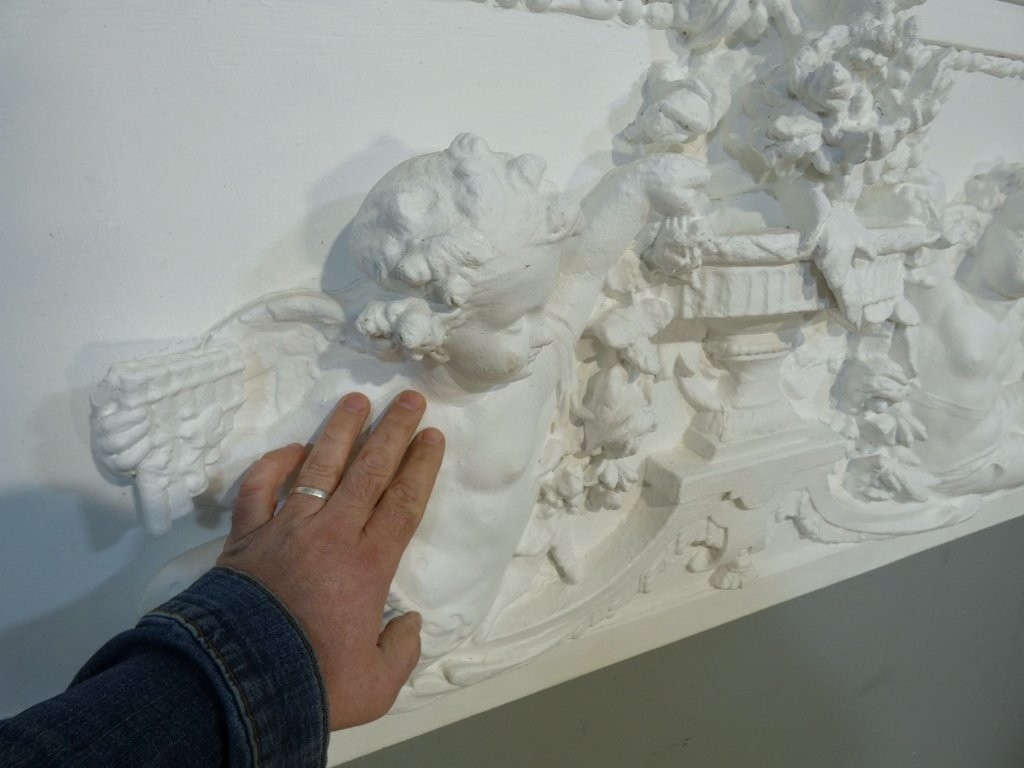 Headboard, Top Of The Door With Cherubs In Wood And Stucco, Napoleon III Period, Wood Paneling-photo-3