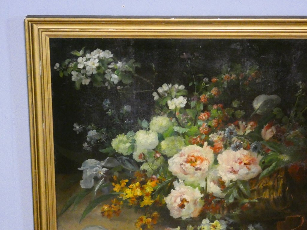 Scattering Flowers By Henri Lefevre, Dated 1882, Still Life Painting, Oil On Canvas, 19th Century-photo-3