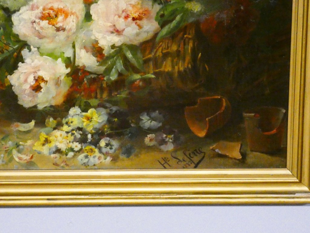 Scattering Flowers By Henri Lefevre, Dated 1882, Still Life Painting, Oil On Canvas, 19th Century-photo-2