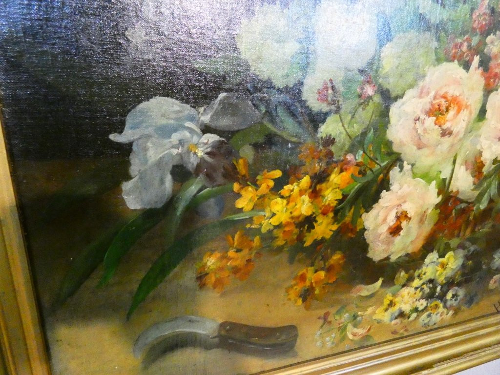 Scattering Flowers By Henri Lefevre, Dated 1882, Still Life Painting, Oil On Canvas, 19th Century-photo-7