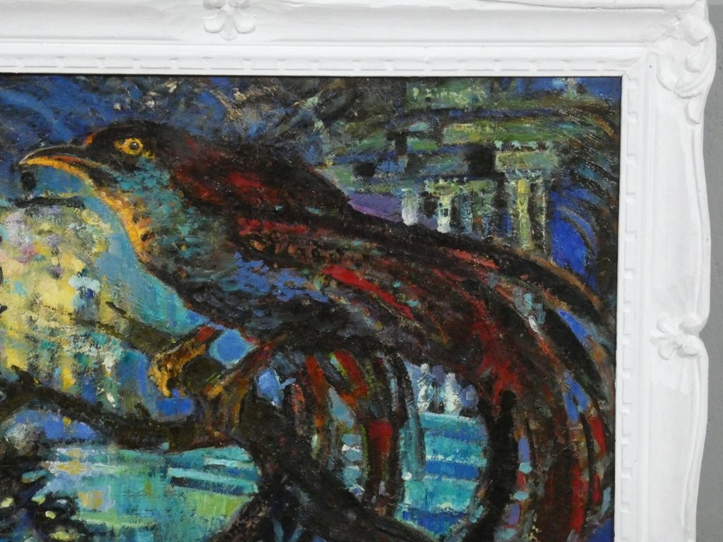 L'oiseau bleu de Delhi, huile sur toile par Marcel Van de Catsyen, daté 1973-photo-3