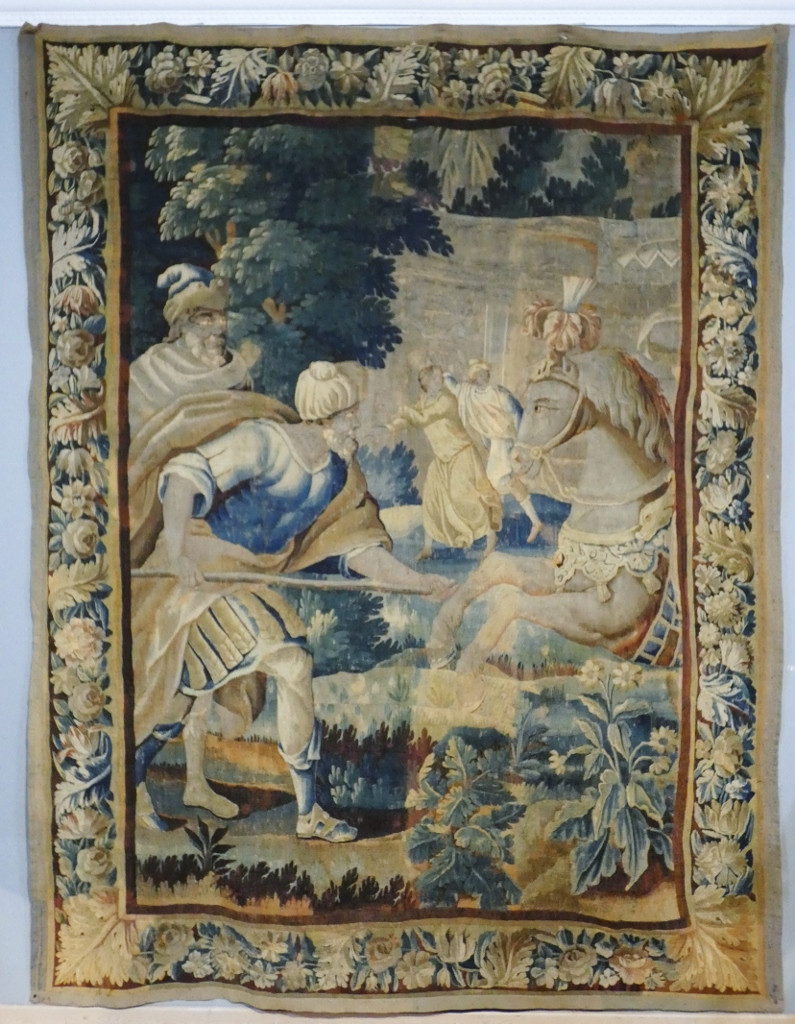 Aubusson 17th Century, Large Tapestry With Figures And A Horse In Wool