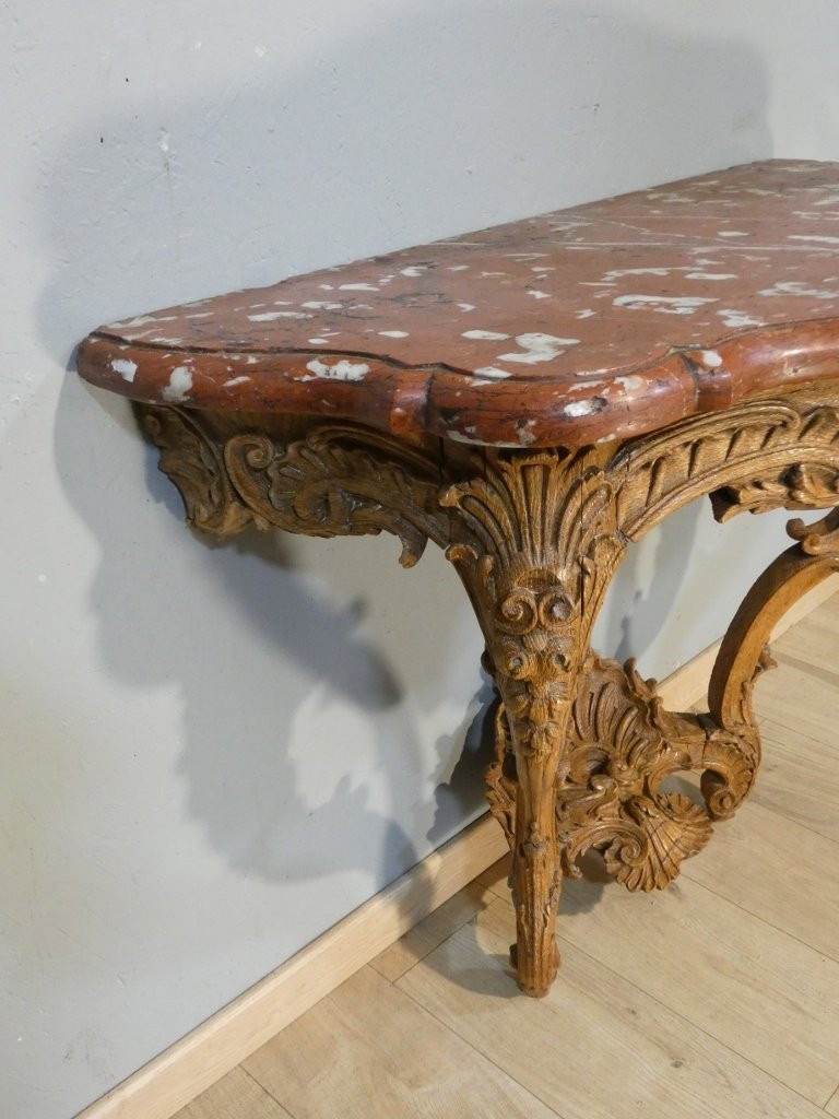 Regency Console In Carved Oak And Royal Red Marble, Early 18th Century-photo-4