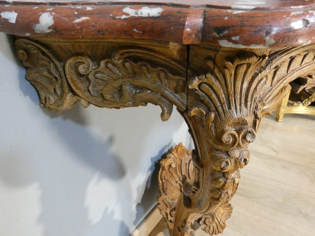 Regency Console In Carved Oak And Royal Red Marble, Early 18th Century-photo-1