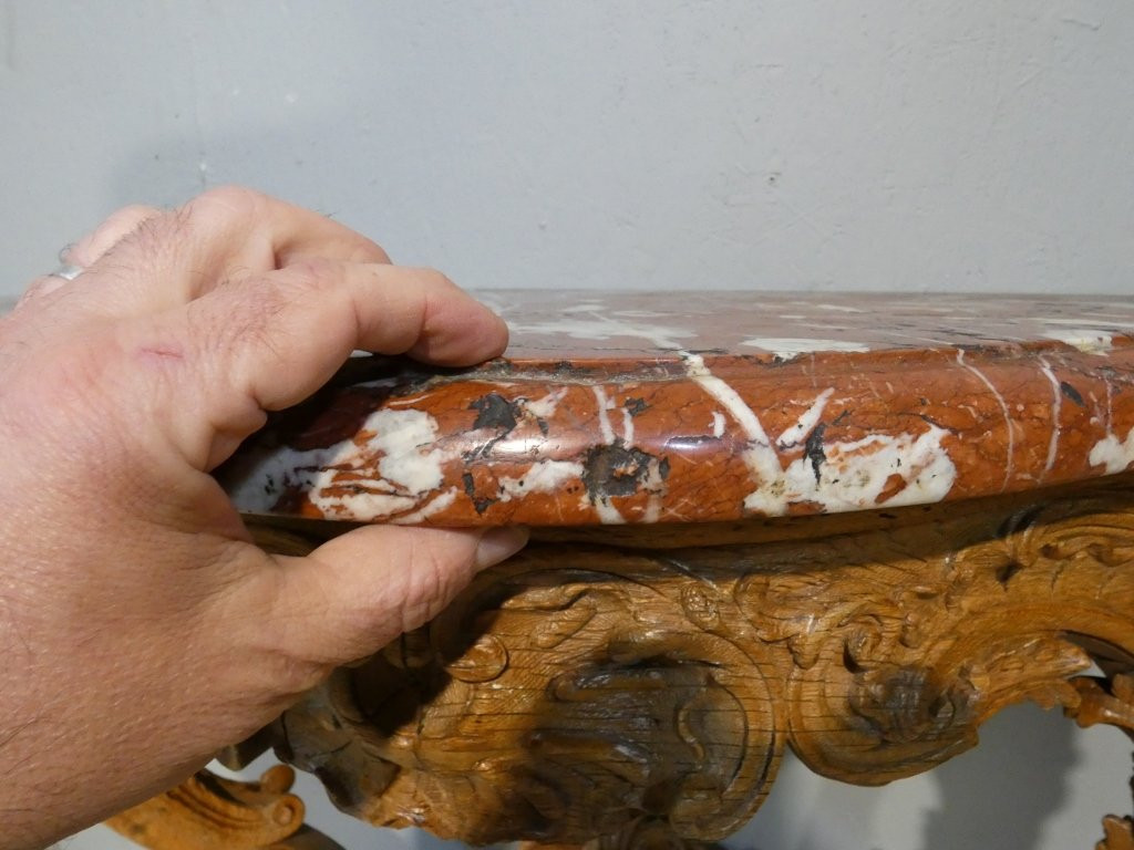 Regency Console In Carved Oak And Royal Red Marble, Early 18th Century-photo-3