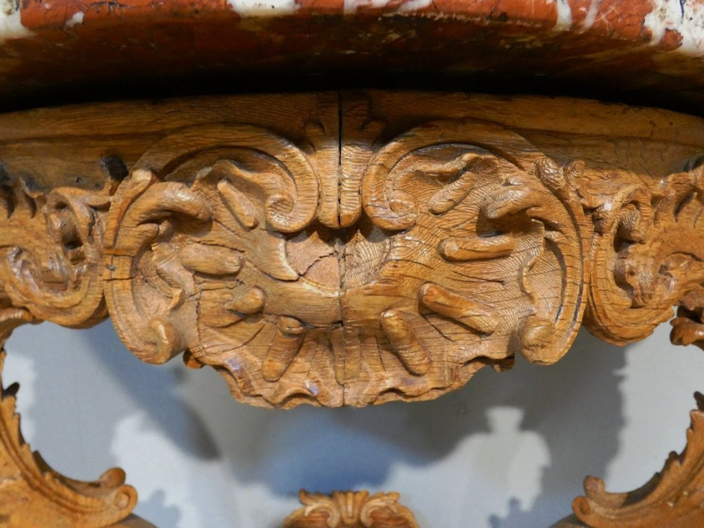 Regency Console In Carved Oak And Royal Red Marble, Early 18th Century-photo-4