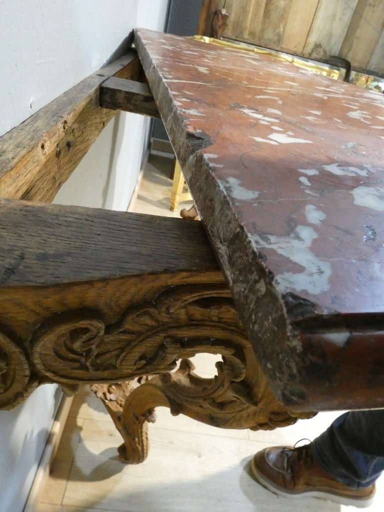 Regency Console In Carved Oak And Royal Red Marble, Early 18th Century-photo-7