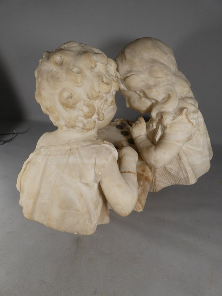 Les enfants jouant aux dames, sculpture en albâtre, époque début XX ème-photo-6