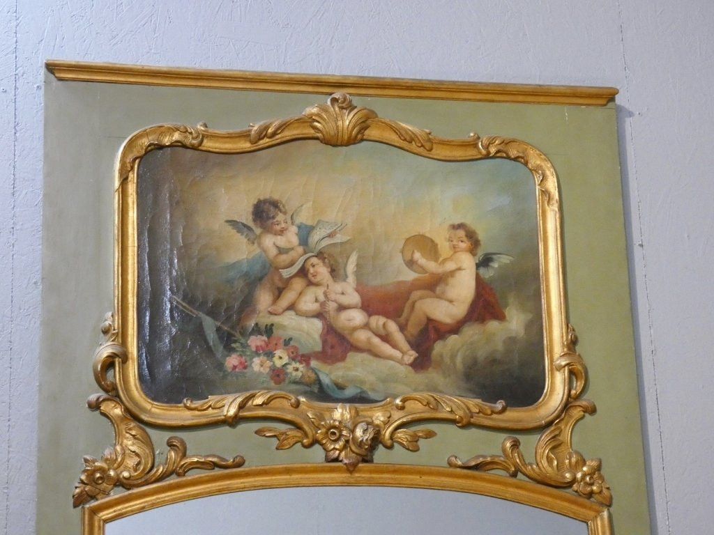 Trumeau aux anges de style Louis XV en bois laqué et doré, époque fin XIX ème-photo-2