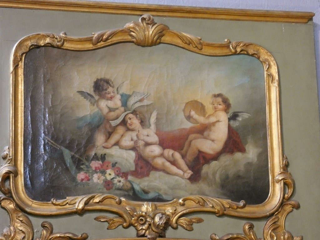 Trumeau aux anges de style Louis XV en bois laqué et doré, époque fin XIX ème-photo-4