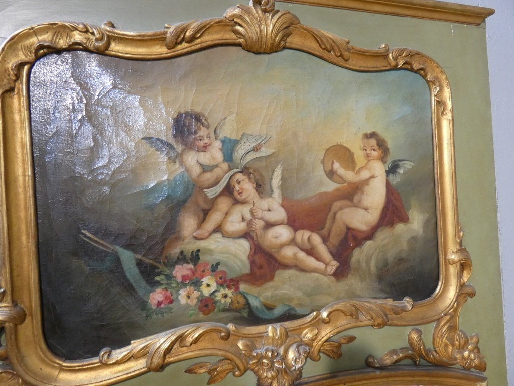 Trumeau aux anges de style Louis XV en bois laqué et doré, époque fin XIX ème-photo-3