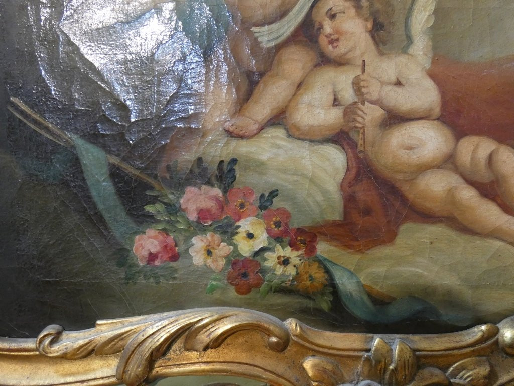 Trumeau aux anges de style Louis XV en bois laqué et doré, époque fin XIX ème-photo-5