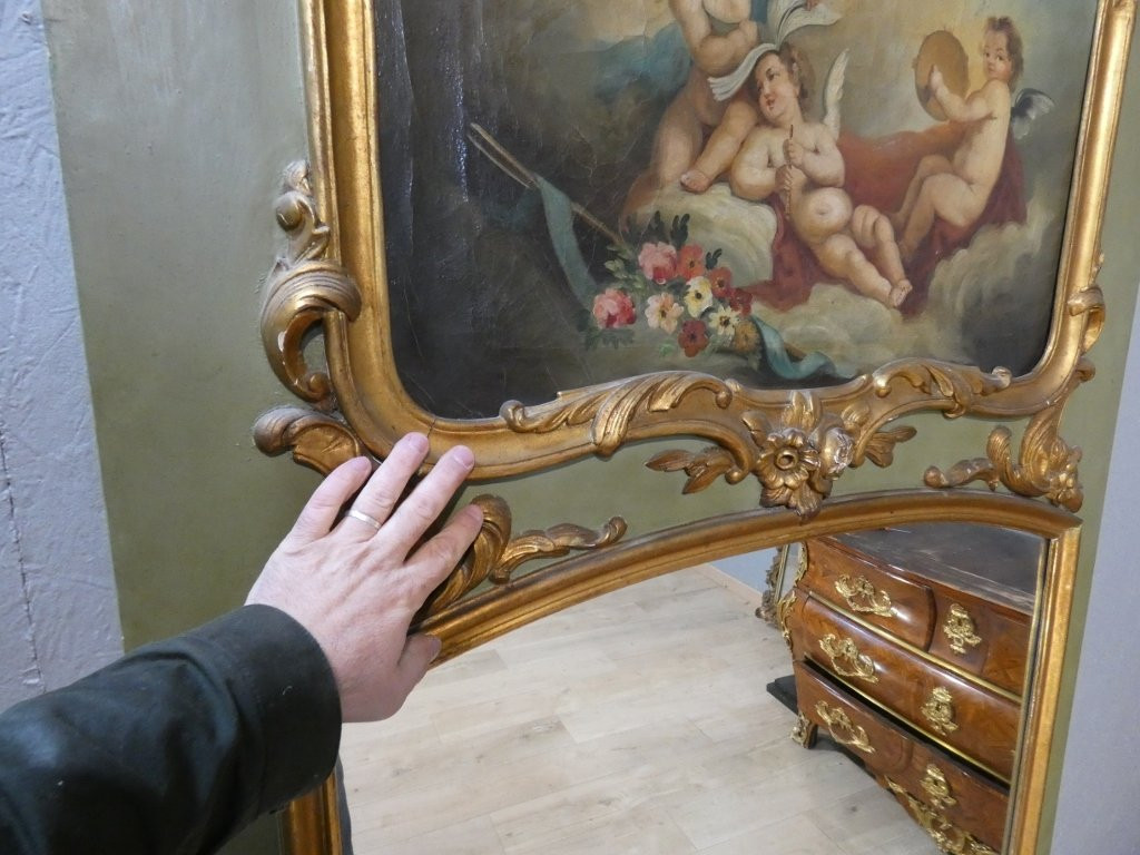 Trumeau aux anges de style Louis XV en bois laqué et doré, époque fin XIX ème-photo-7