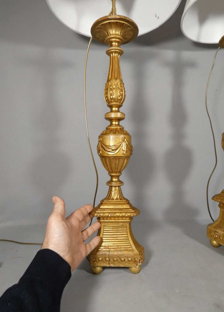 Pair Of Louis XVI Style Giltwood Candlestick Lamps, 18th Century-photo-5