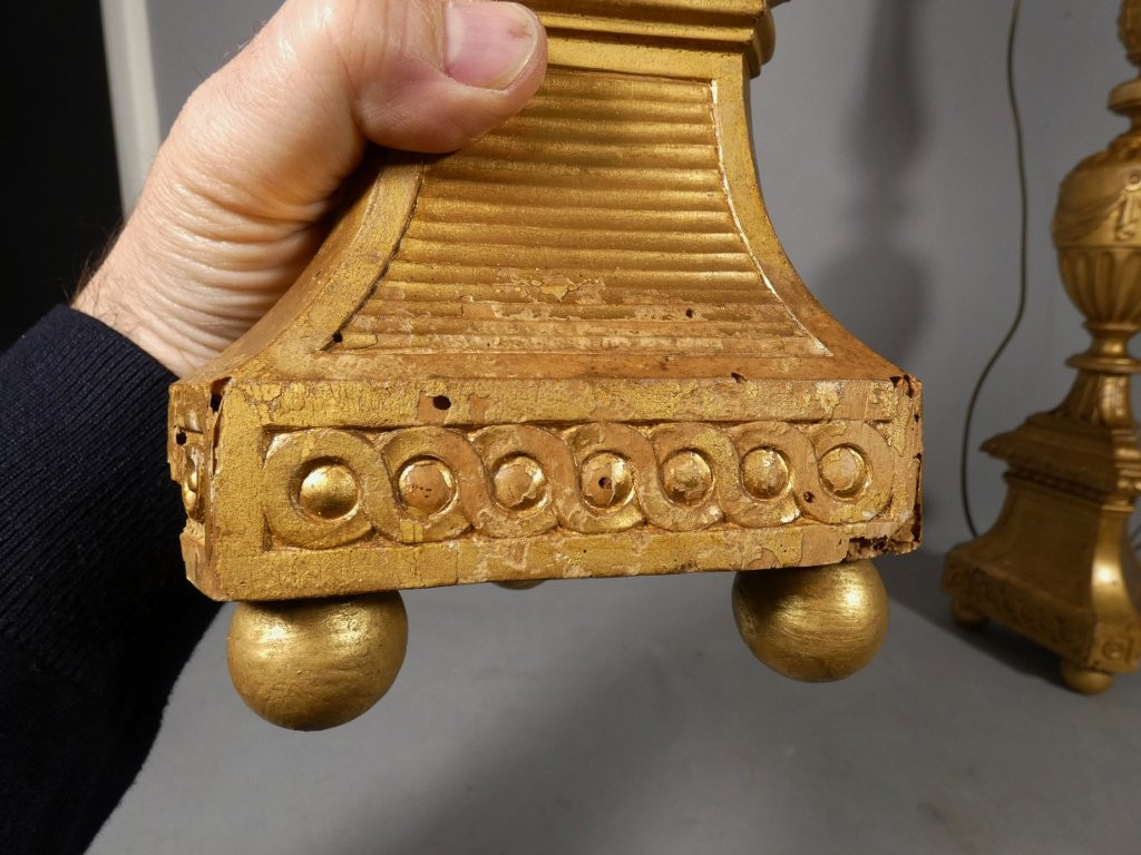 Pair Of Louis XVI Style Giltwood Candlestick Lamps, 18th Century-photo-7