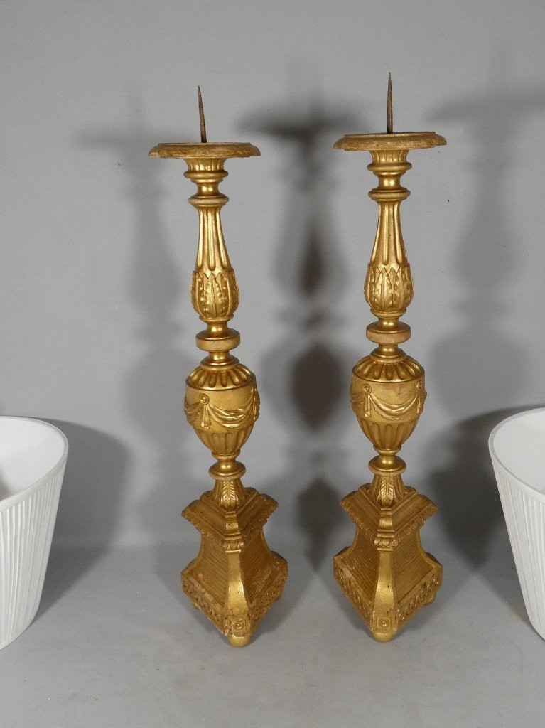 Pair Of Louis XVI Style Giltwood Candlestick Lamps, 18th Century-photo-8