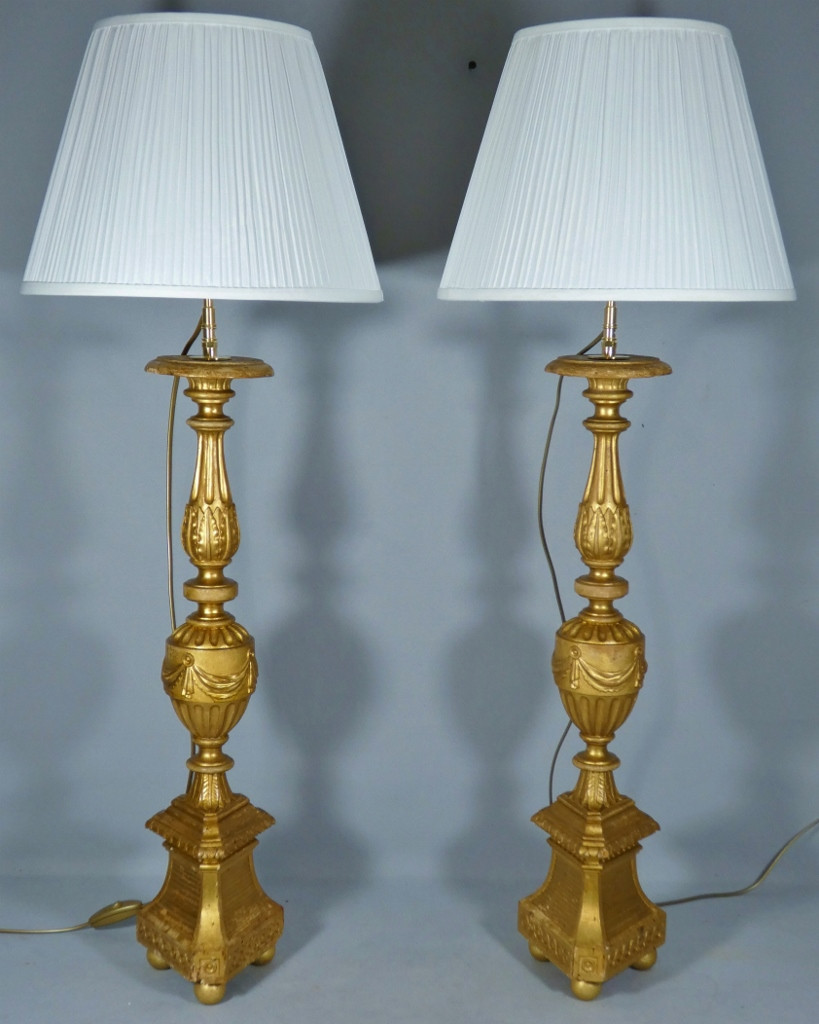 Pair Of Louis XVI Style Giltwood Candlestick Lamps, 18th Century