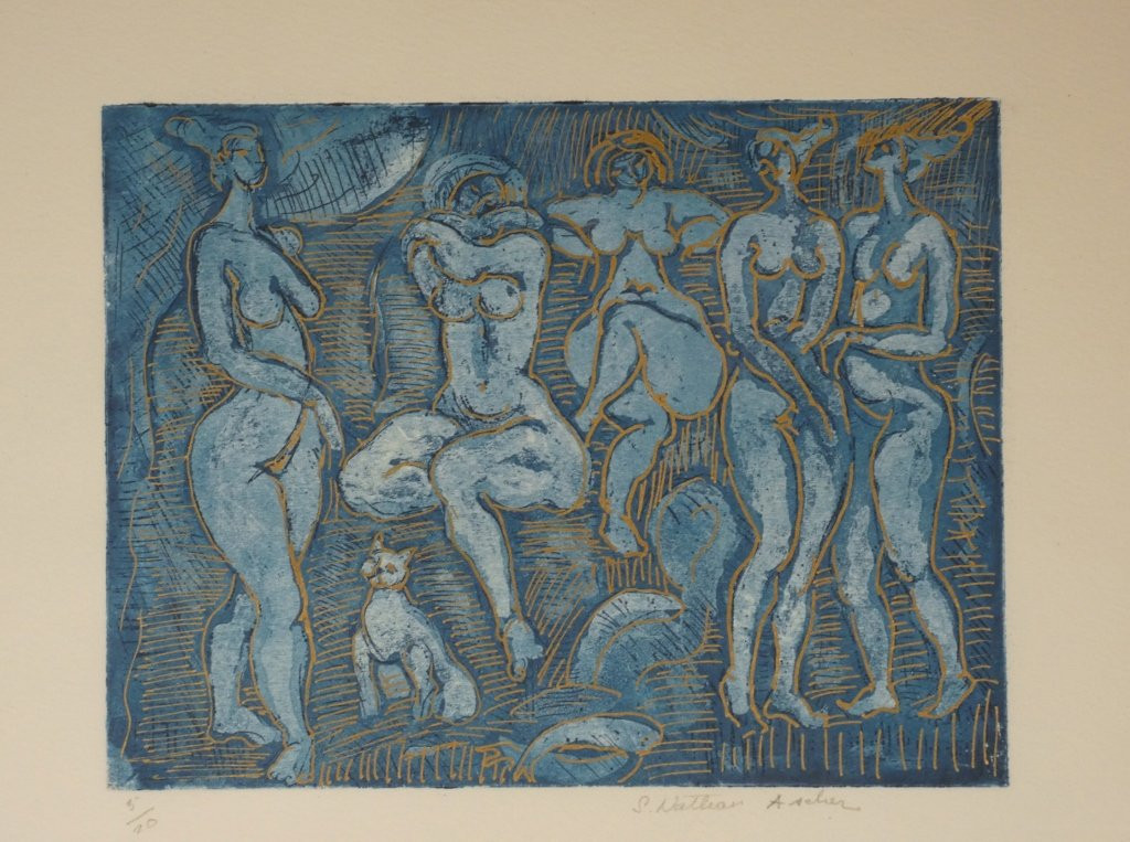 Simone NATHAN ASCHER (1924-2012), lithographie 5 femmes et un chat-photo-2