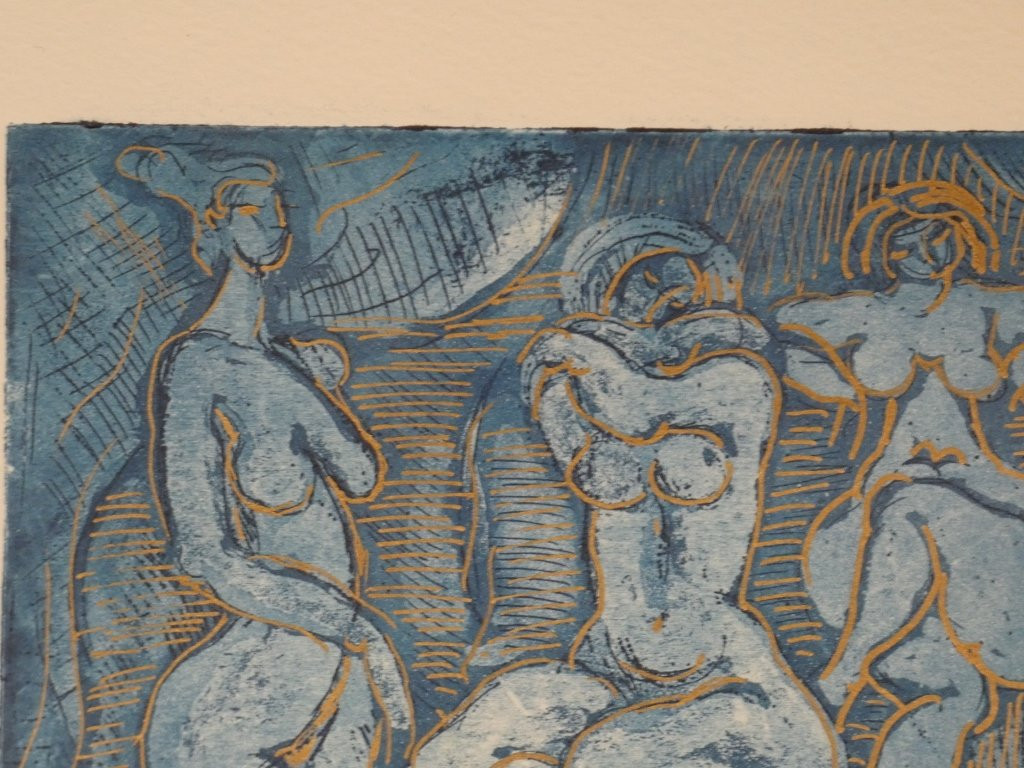 Simone NATHAN ASCHER (1924-2012), lithographie 5 femmes et un chat-photo-3