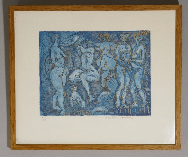 Simone NATHAN ASCHER (1924-2012), lithographie 5 femmes et un chat