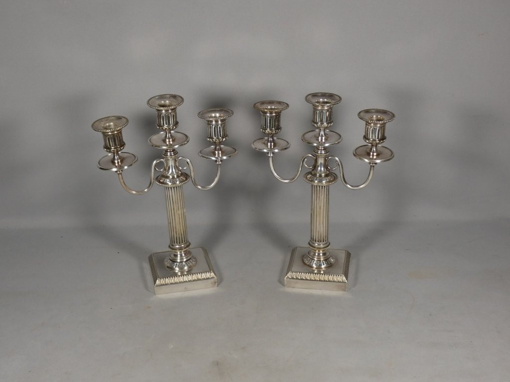 Boulenger Silverware, Pair Of 3-branch Silver-plated Candlesticks, Louis XVI Style-photo-2