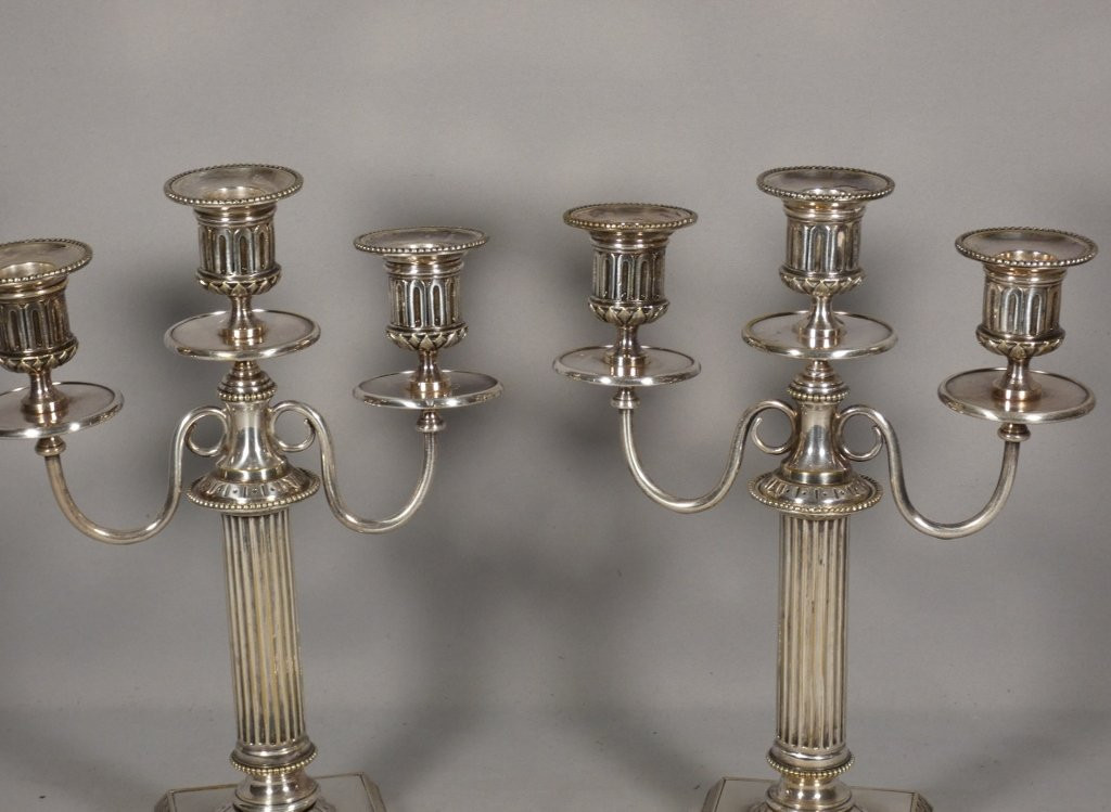 Boulenger Silverware, Pair Of 3-branch Silver-plated Candlesticks, Louis XVI Style-photo-3