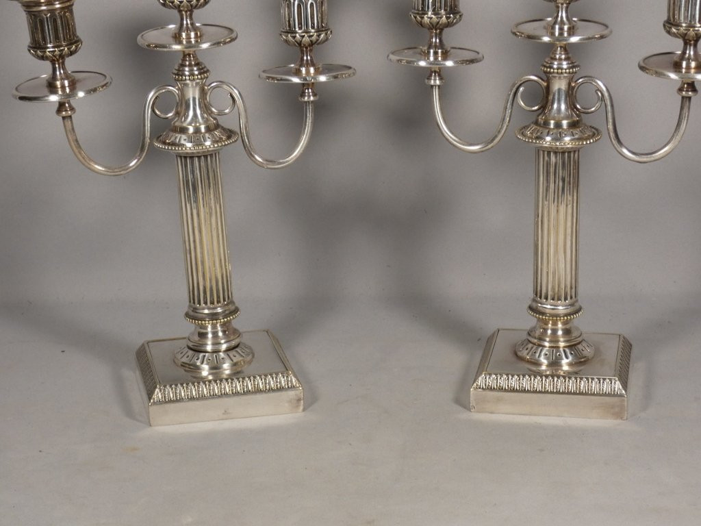 Boulenger Silverware, Pair Of 3-branch Silver-plated Candlesticks, Louis XVI Style-photo-4