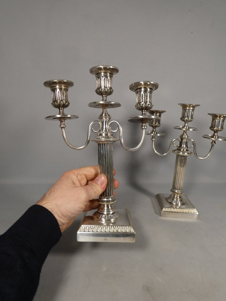 Boulenger Silverware, Pair Of 3-branch Silver-plated Candlesticks, Louis XVI Style-photo-1