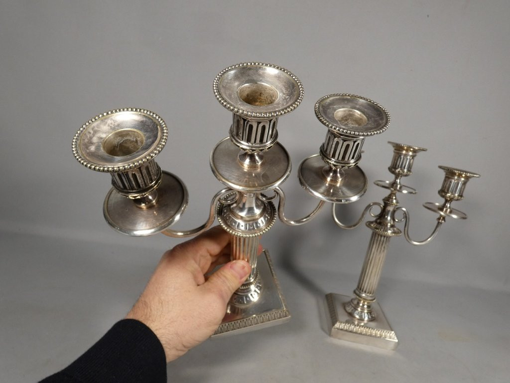 Boulenger Silverware, Pair Of 3-branch Silver-plated Candlesticks, Louis XVI Style-photo-2