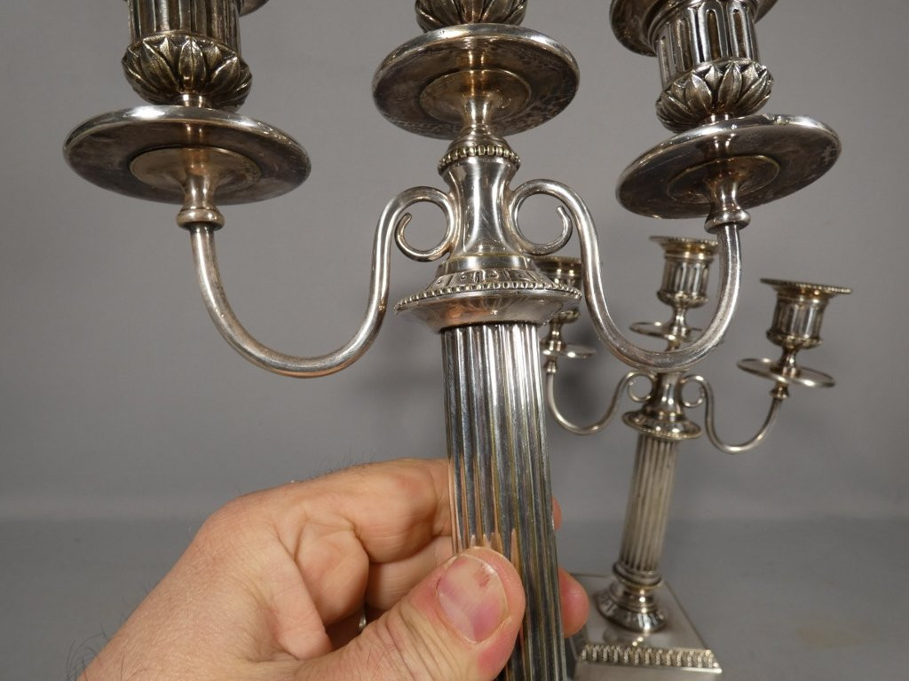 Boulenger Silverware, Pair Of 3-branch Silver-plated Candlesticks, Louis XVI Style-photo-4
