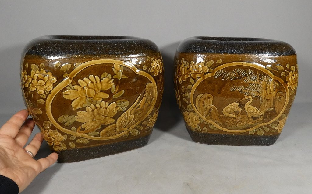 Pair Of Japanese Stoneware Flower And Bird Pot Holders, Early 20th Century-photo-2