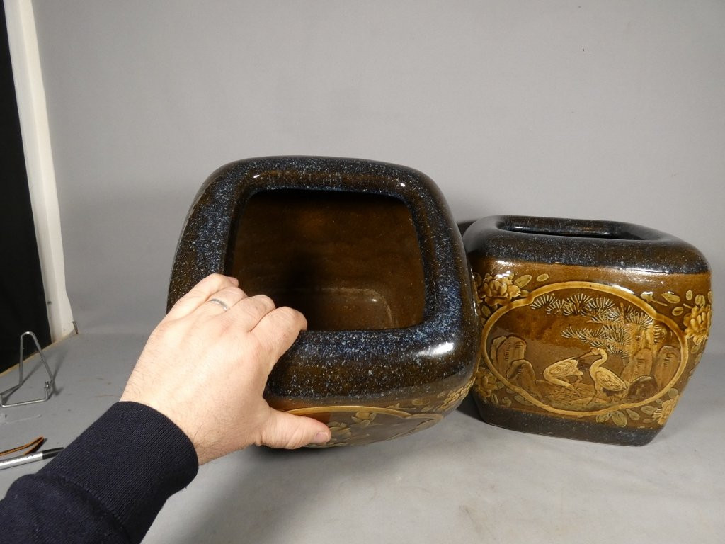 Pair Of Japanese Stoneware Flower And Bird Pot Holders, Early 20th Century-photo-3